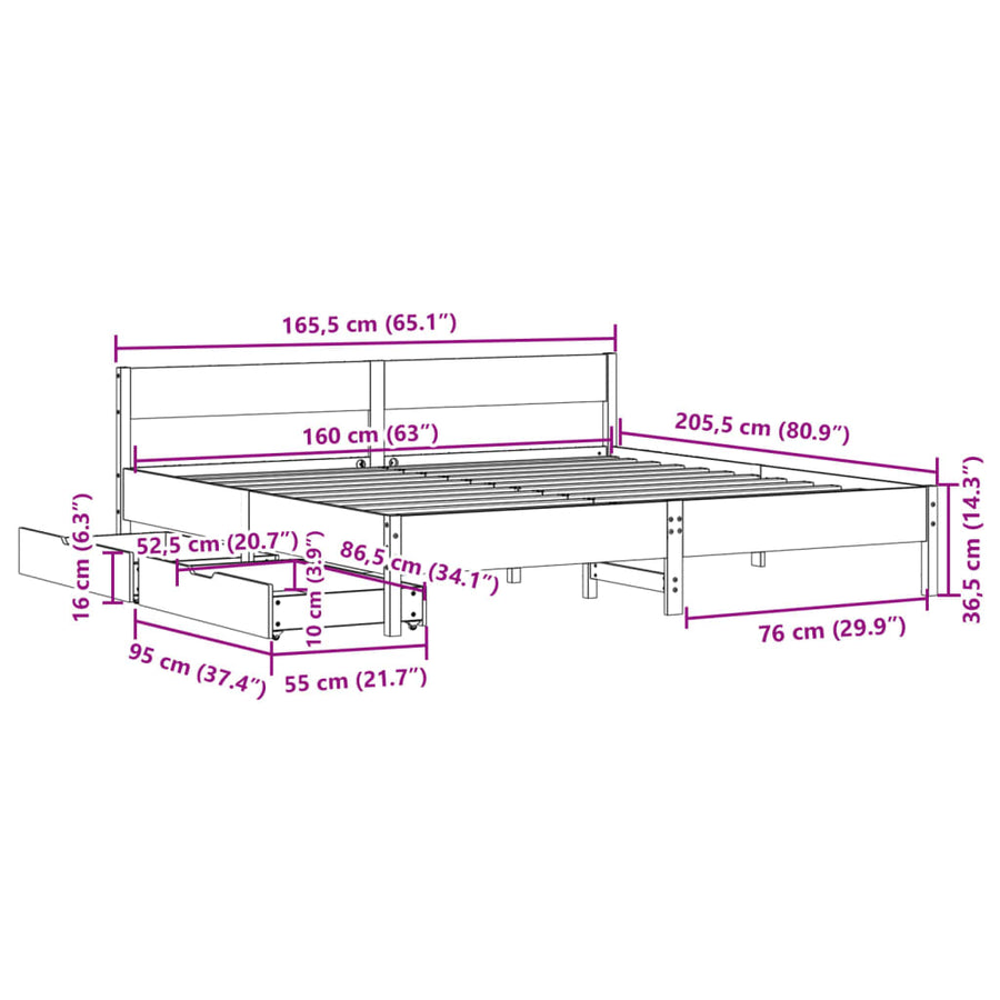 Bedframe zonder matras massief grenenhout wit 160x200 cm