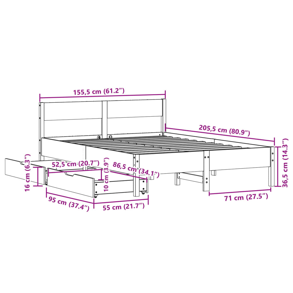 Bedframe zonder matras massief grenenhout wit 150x200 cm