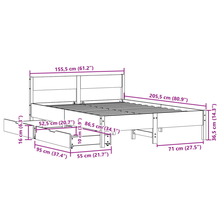 Bedframe zonder matras massief grenenhout wit 150x200 cm