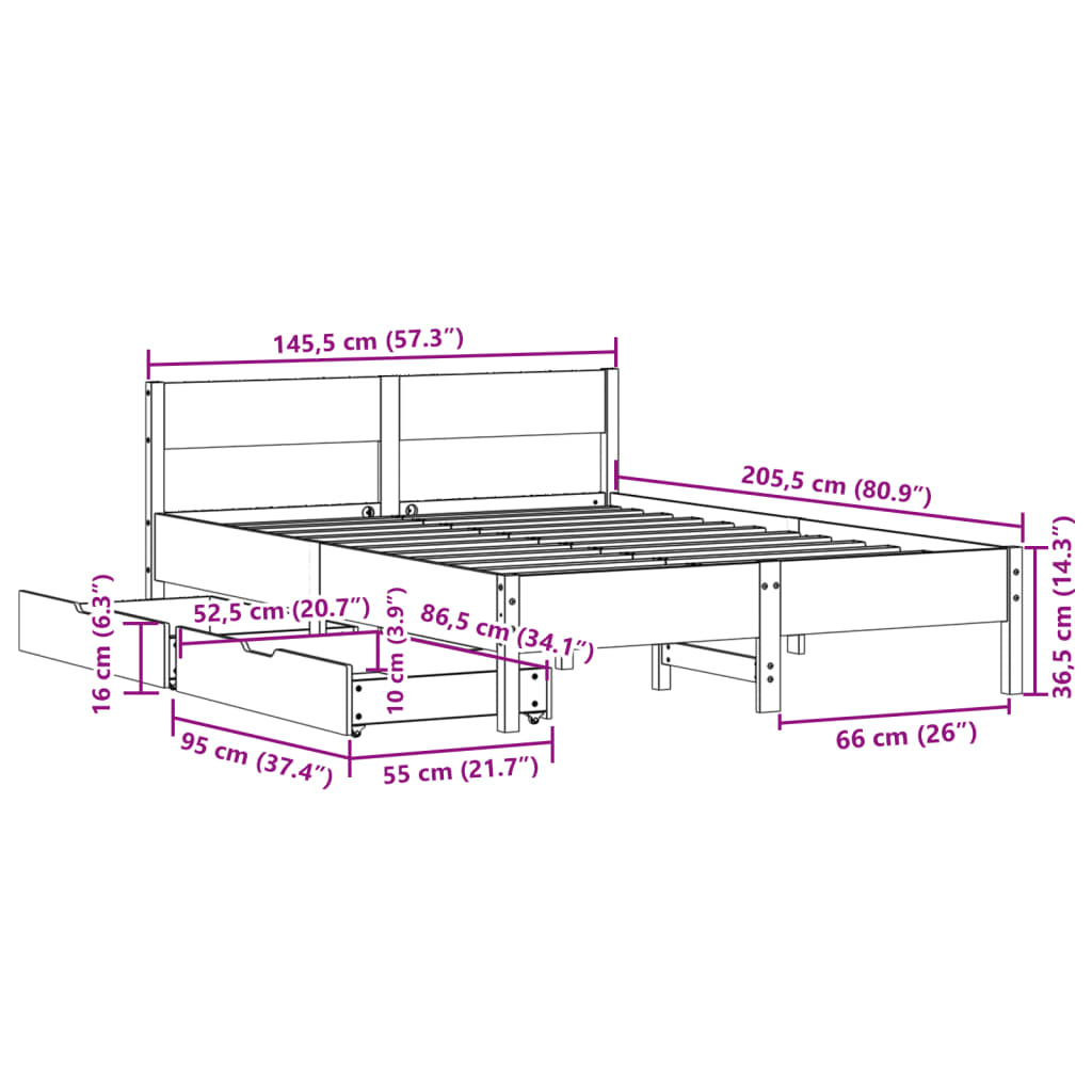 Bedframe zonder matras massief grenenhout wasbruin 140x200 cm