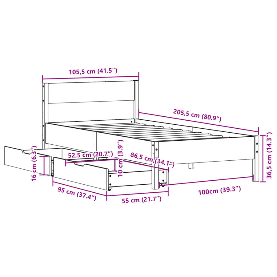 Bedframe zonder matras massief grenenhout wasbruin 100x200 cm