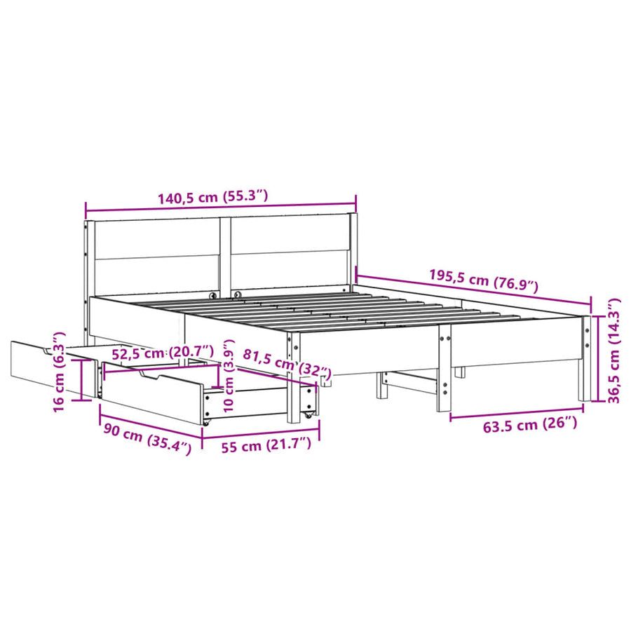 Bedframe zonder matras massief grenenhout wit 135x190 cm