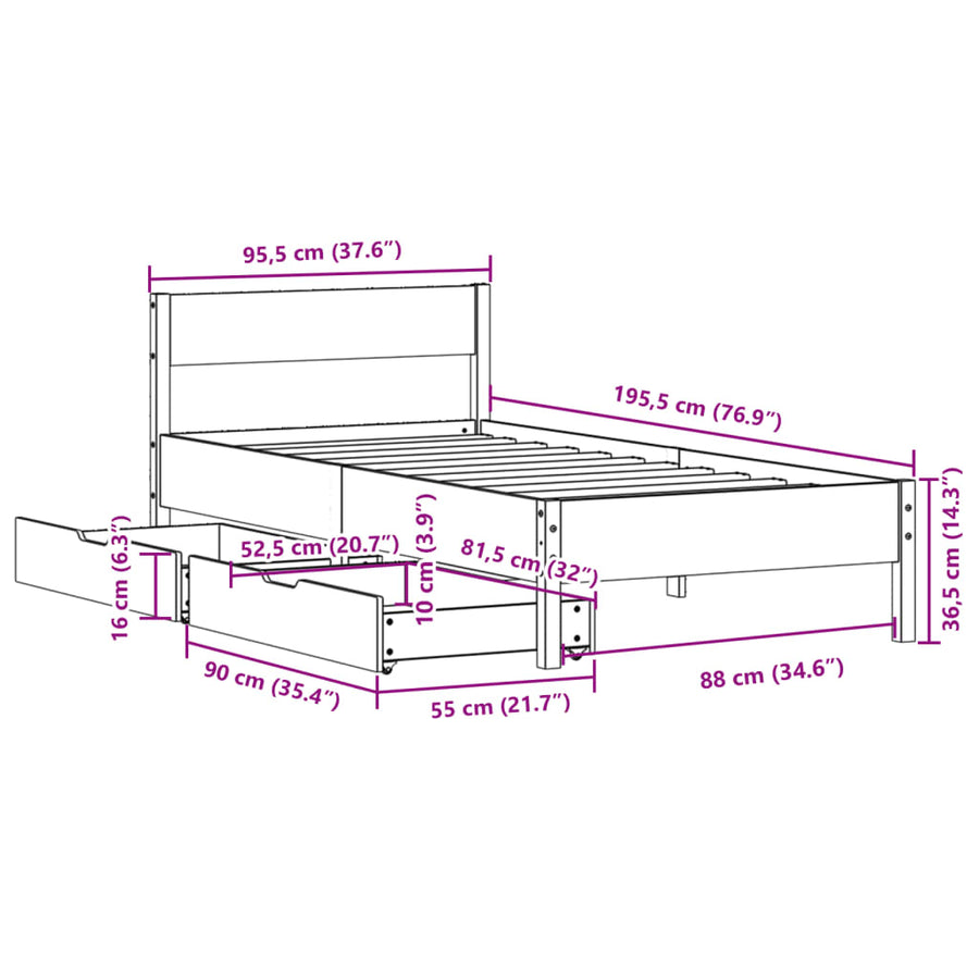 Bedframe zonder matras massief grenenhout wit 90x190 cm