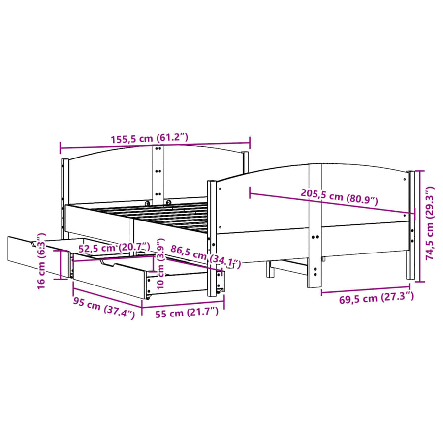 Bedframe zonder matras massief grenenhout wit 150x200 cm