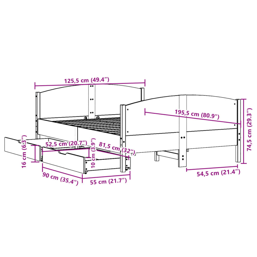 Bedframe zonder matras massief grenenhout wit 120x190 cm