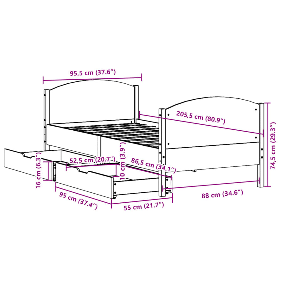 Bedframe zonder matras massief grenenhout wasbruin 90x200 cm