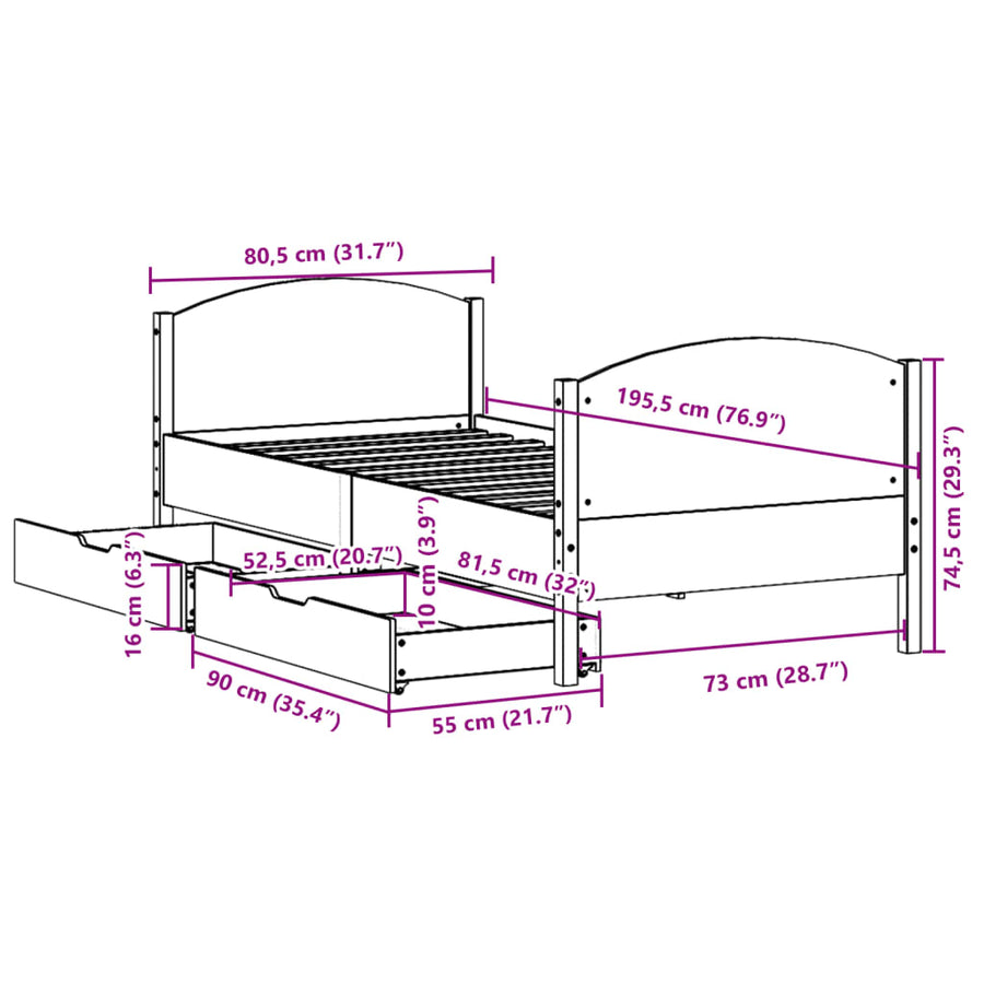 Bedframe zonder matras massief grenenhout wit 75x190 cm