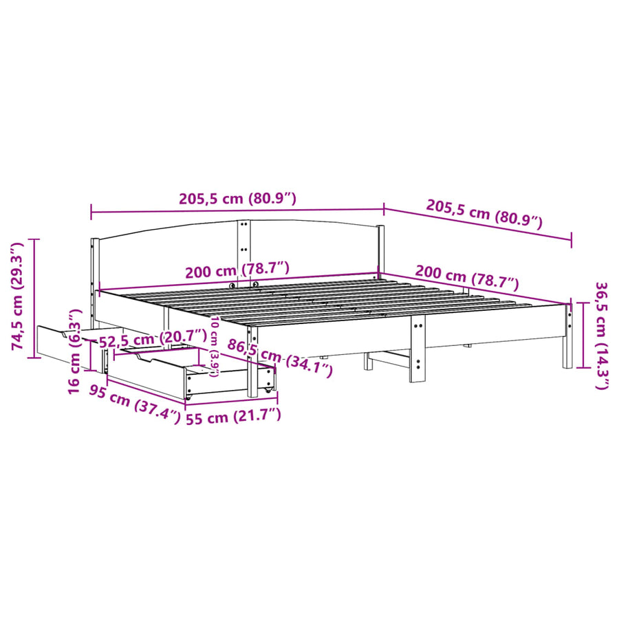 Bedframe zonder matras massief grenenhout wit 200x200 cm
