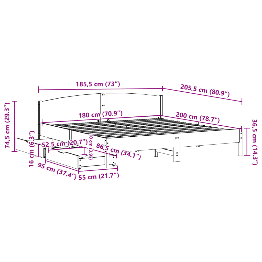 Bedframe zonder matras massief grenenhout wit 180x200 cm