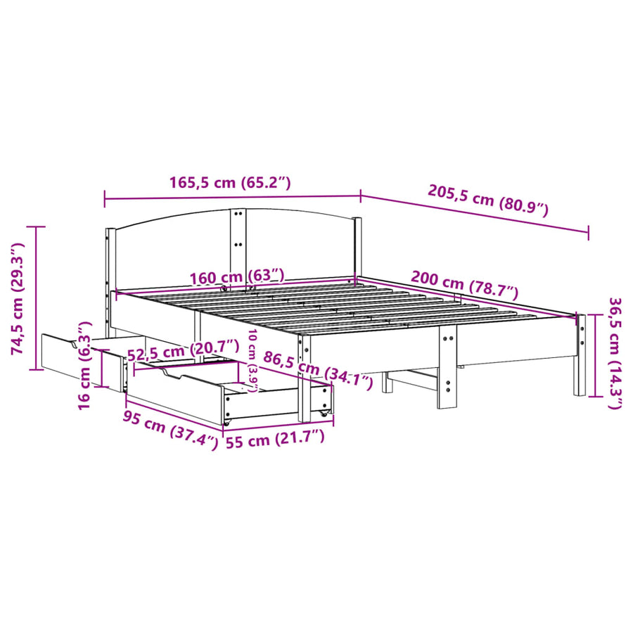 Bedframe zonder matras massief grenenhout wasbruin 160x200 cm