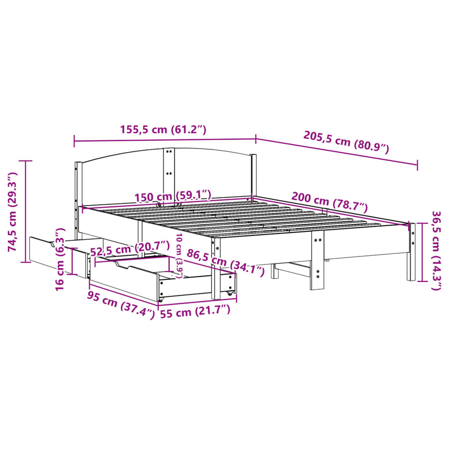 Bedframe zonder matras massief grenenhout wit 150x200 cm