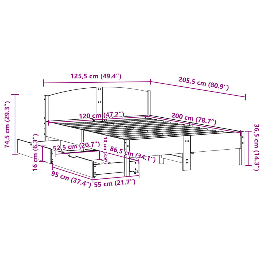 Bedframe zonder matras massief grenenhout wasbruin 120x200 cm