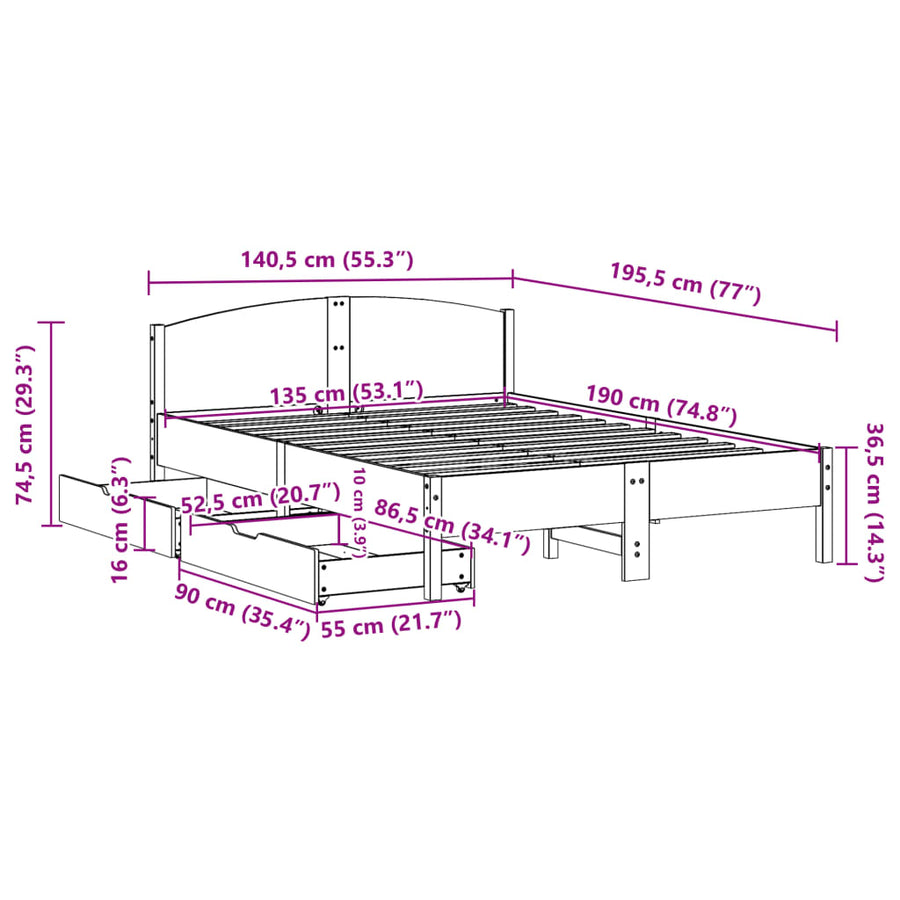 Bedframe zonder matras massief grenenhout wit 135x190 cm