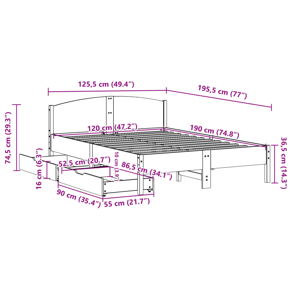 Bedframe zonder matras massief grenenhout wit 120x190 cm