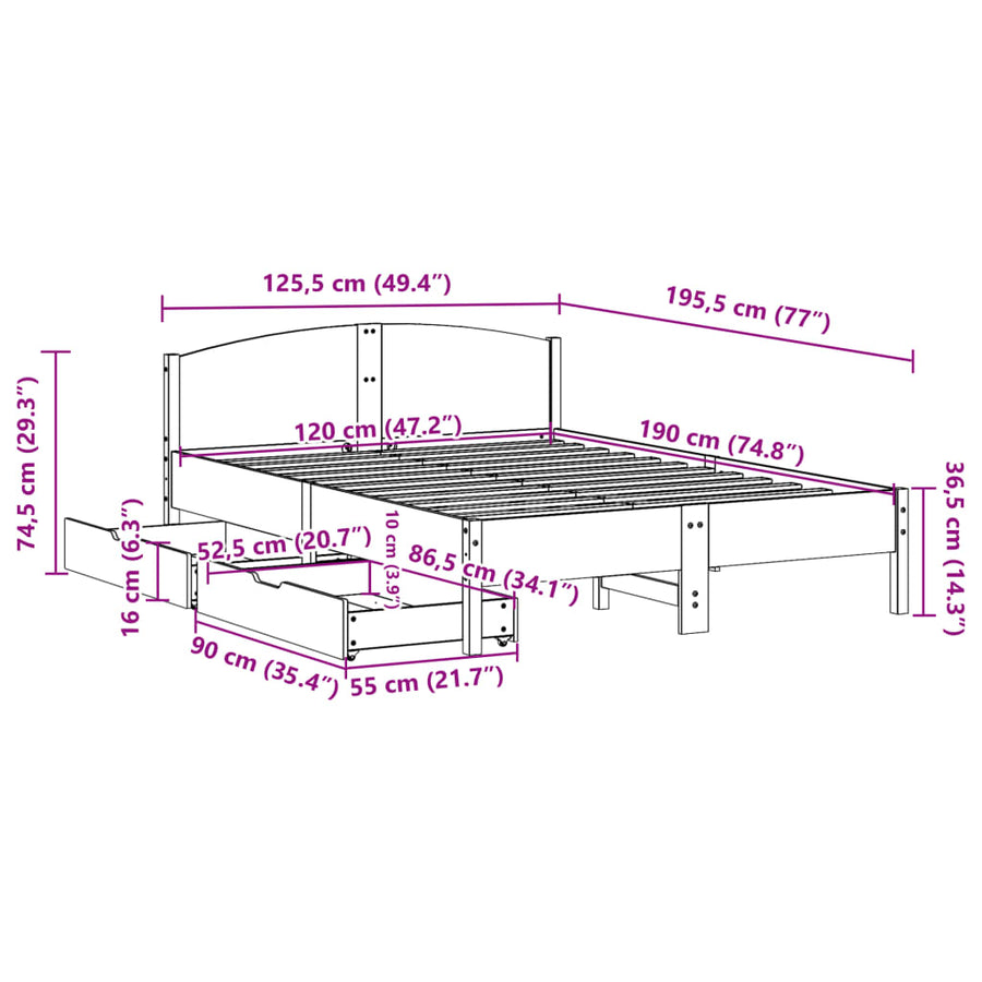 Bedframe zonder matras massief grenenhout wit 120x190 cm