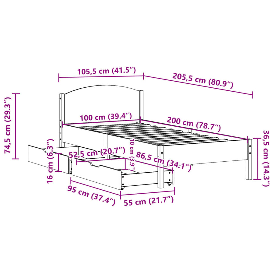 Bedframe zonder matras massief grenenhout wasbruin 100x200 cm