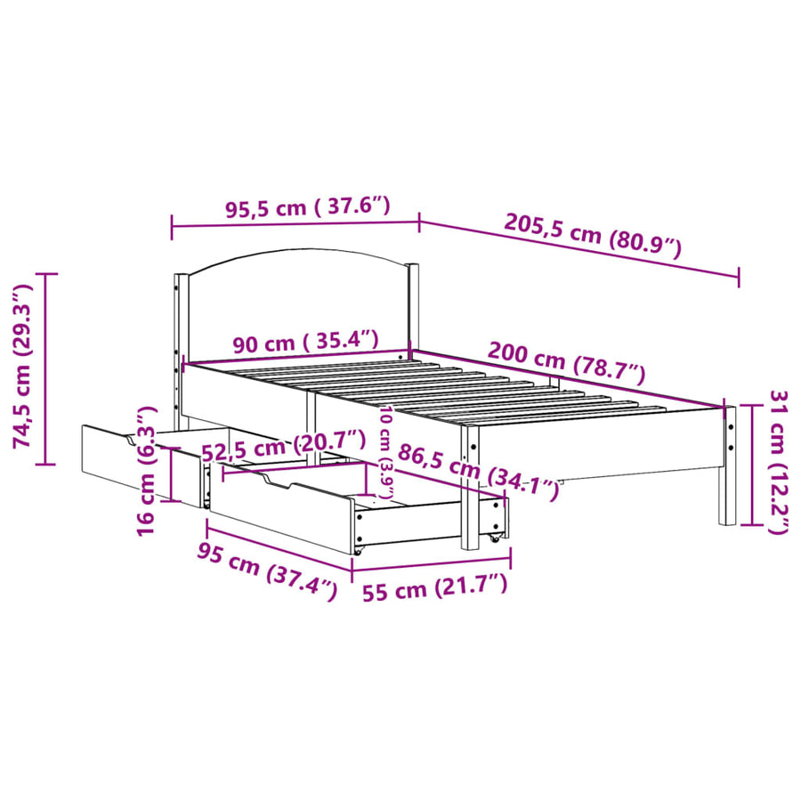 Bedframe zonder matras massief grenenhout wasbruin 90x200 cm