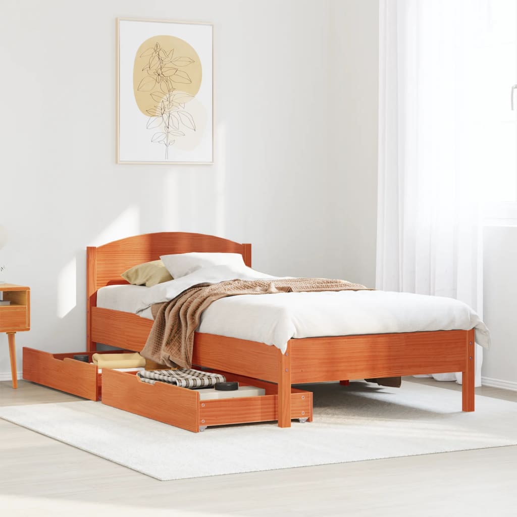 Bedframe zonder matras massief grenenhout wasbruin 90x190 cm