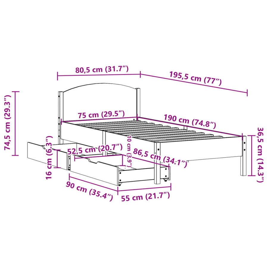 Bedframe zonder matras massief grenenhout wit 75x190 cm