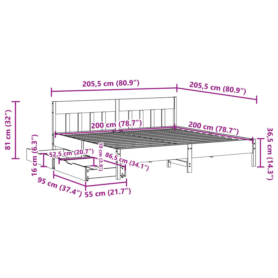 Bedframe zonder matras massief grenenhout wit 200x200 cm