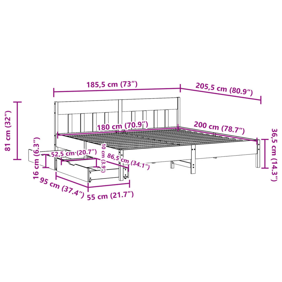 Bedframe zonder matras massief grenenhout wit 180x200 cm