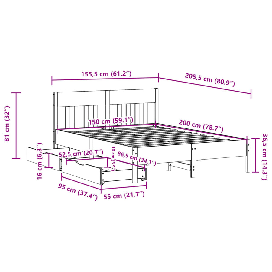 Bedframe zonder matras massief grenenhout wasbruin 150x200 cm