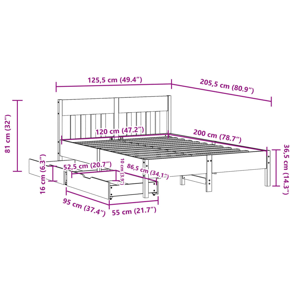 Bedframe zonder matras massief grenenhout wasbruin 120x200 cm