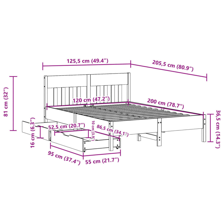 Bedframe zonder matras massief grenenhout wasbruin 120x200 cm