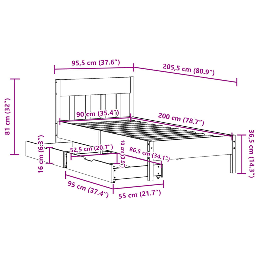 Bedframe zonder matras massief grenenhout wasbruin 90x200 cm
