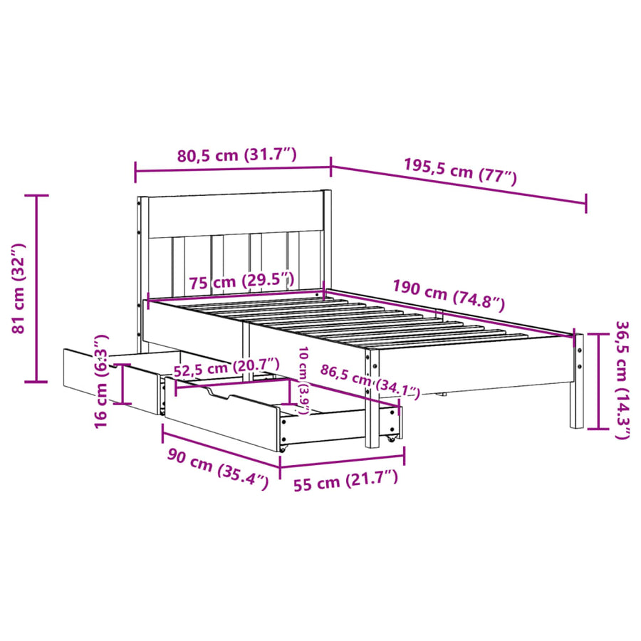 Bedframe zonder matras massief grenenhout wit 75x190 cm