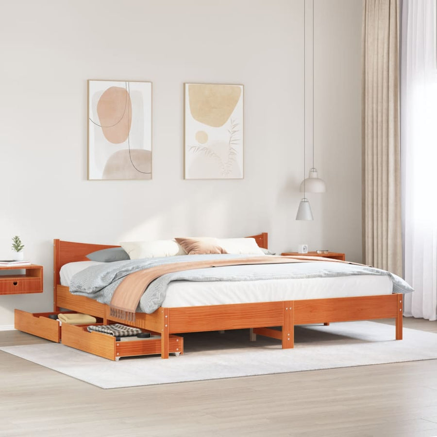 Bedframe met lades massief grenenhout wasbruin 200x200 cm