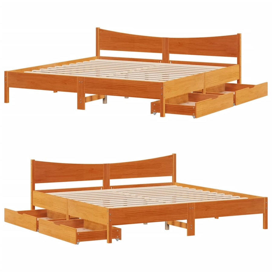Bedframe met lades massief grenenhout wasbruin 200x200 cm
