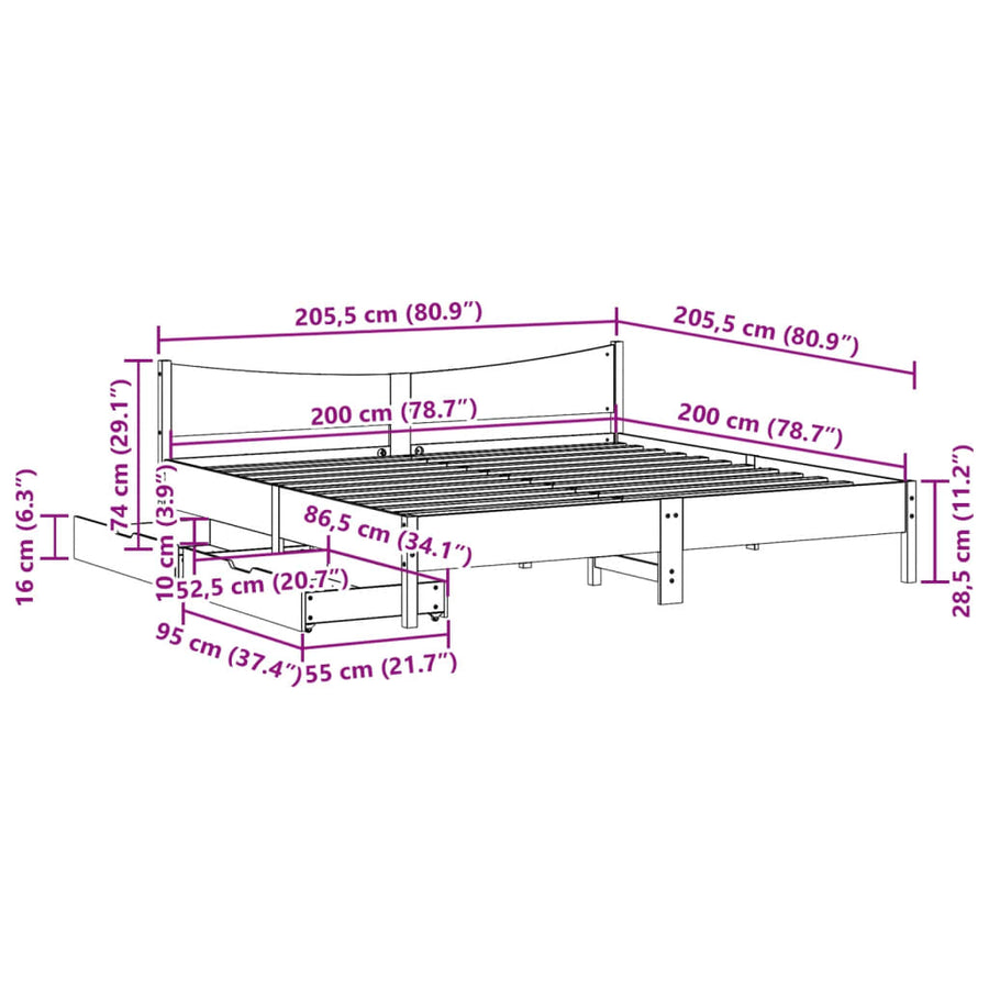 Bedframe met lades massief grenenhout wasbruin 200x200 cm