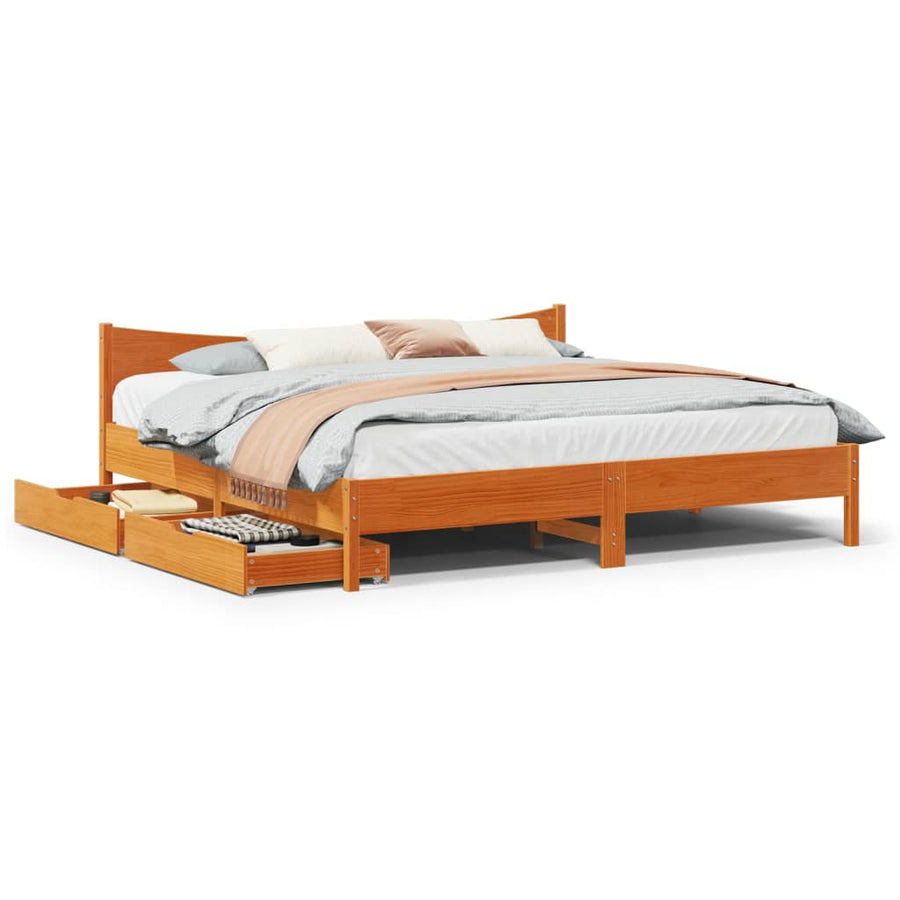 Bedframe met lades massief grenenhout wasbruin 200x200 cm