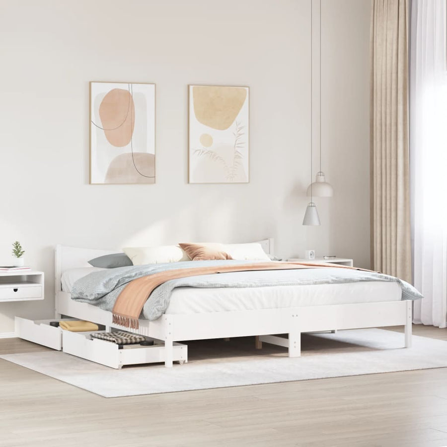 Bedframe met lades massief grenenhout wit 180x200 cm