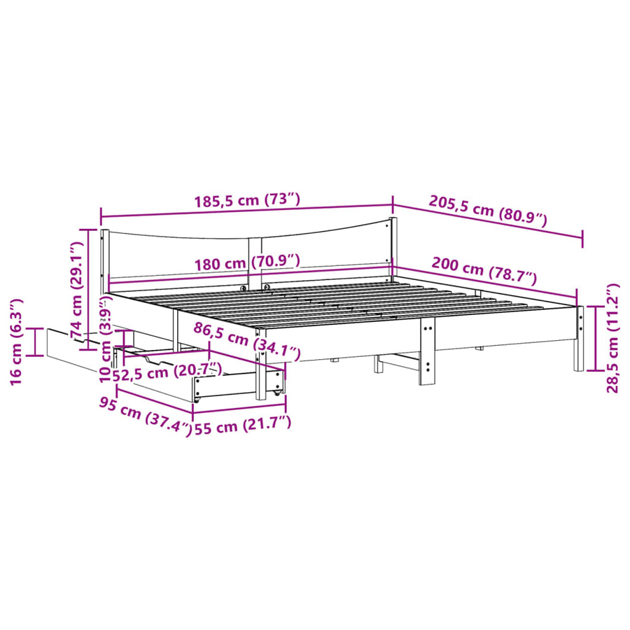 Bedframe met lades massief grenenhout wit 180x200 cm