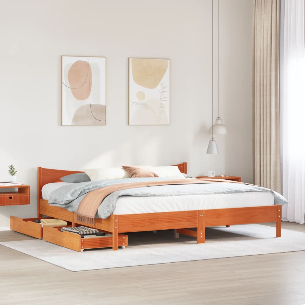 Bedframe met lades massief grenenhout wasbruin 180x200 cm
