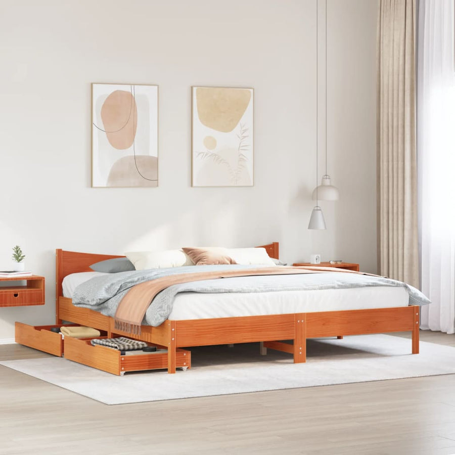 Bedframe met lades massief grenenhout wasbruin 180x200 cm