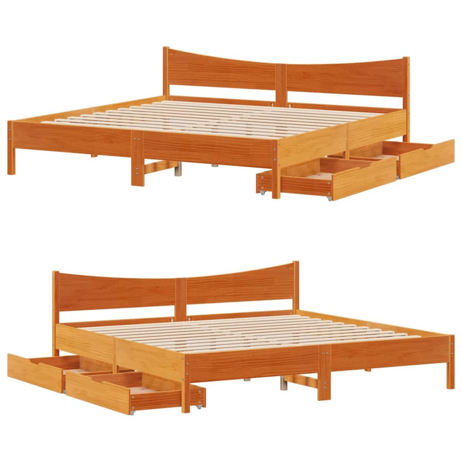 Bedframe met lades massief grenenhout wasbruin 180x200 cm