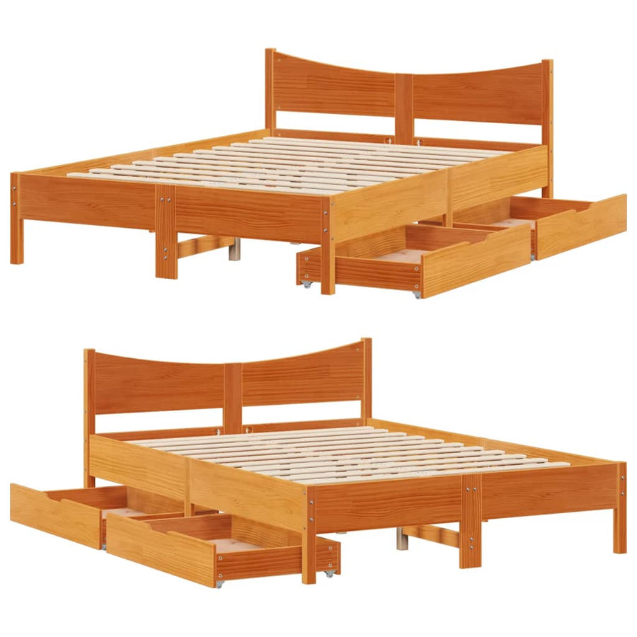 Bedframe met lades massief grenenhout wasbruin 140x200 cm