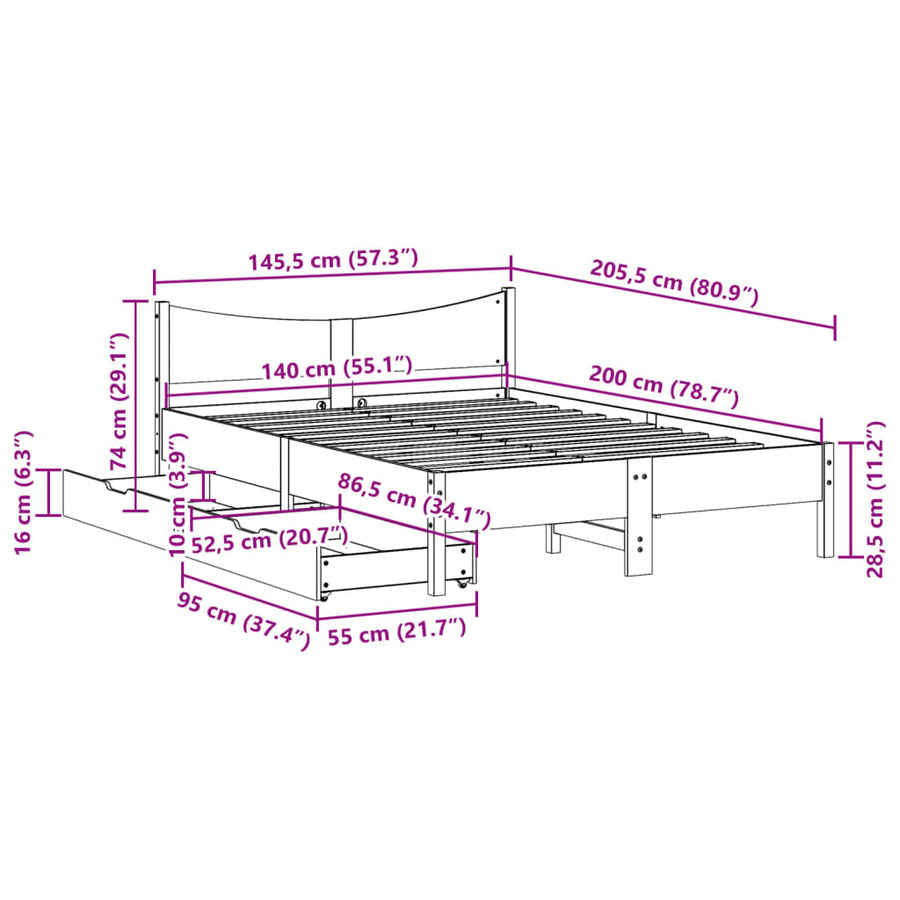 Bedframe met lades massief grenenhout wasbruin 140x200 cm