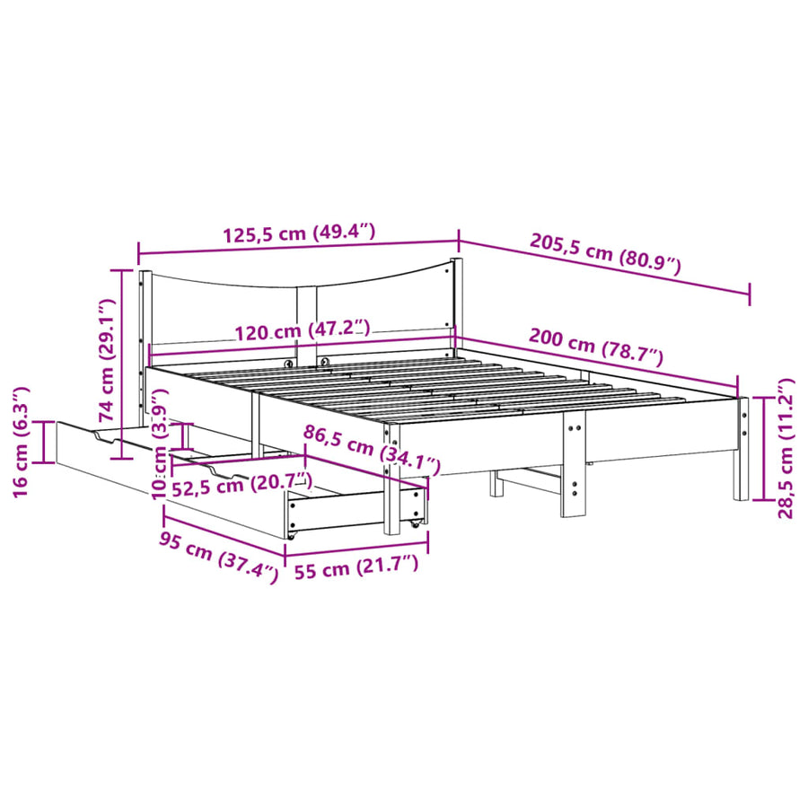 Bedframe met lades massief grenenhout wit 120x200 cm