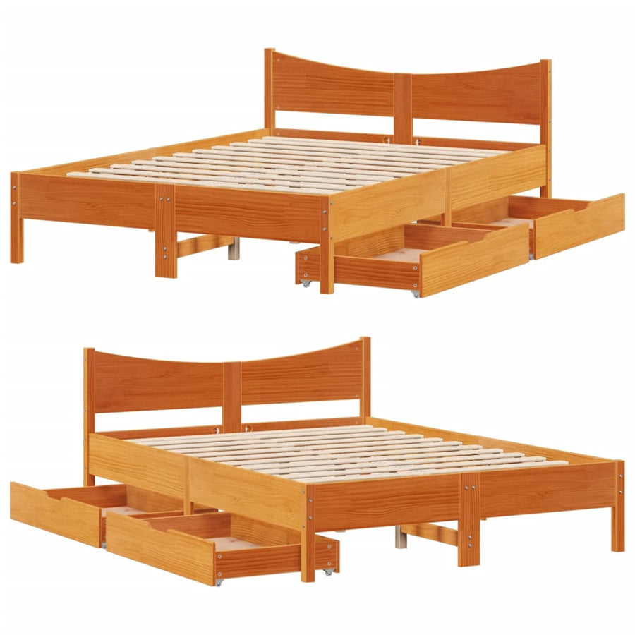 Bedframe met lades massief grenenhout wasbruin 120x200 cm