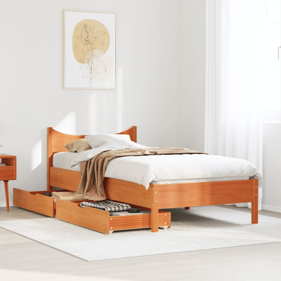 Bedframe met lades massief grenenhout wasbruin 100x200 cm
