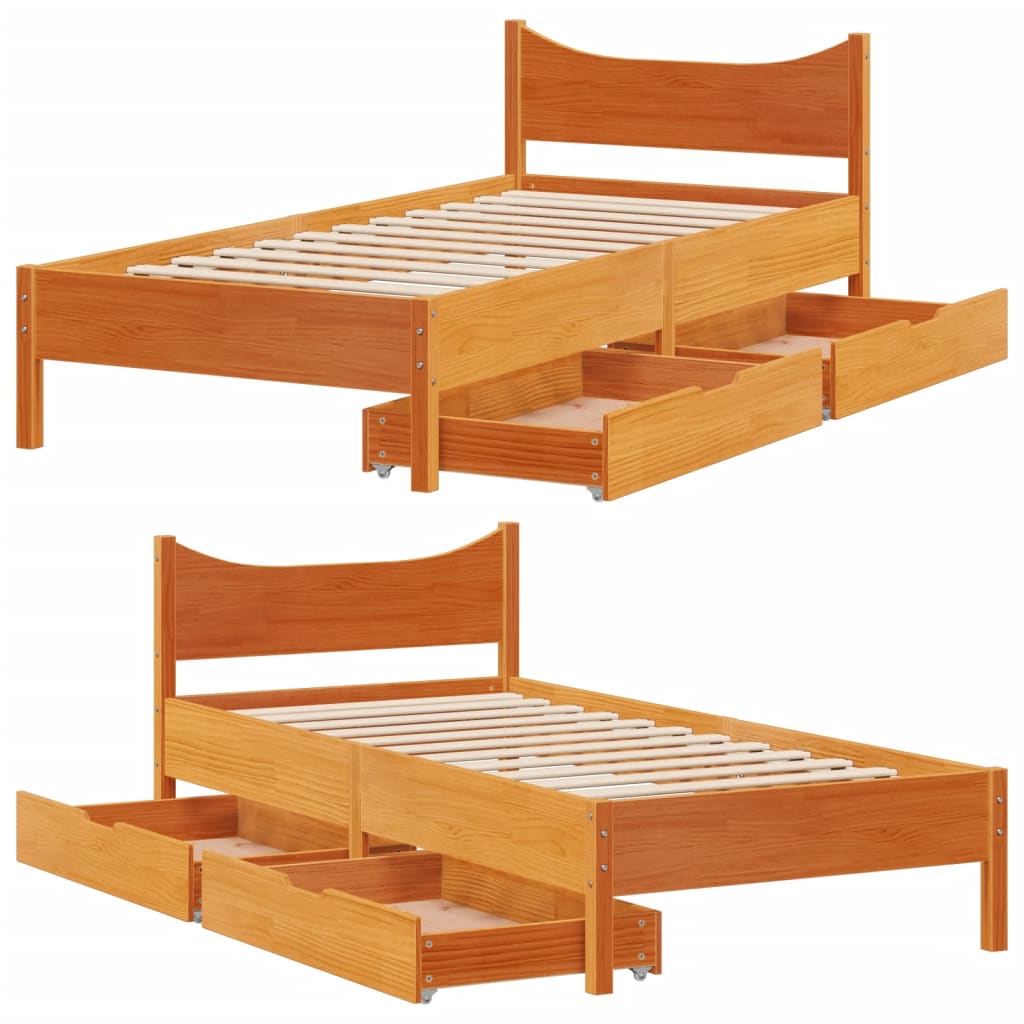 Bedframe met lades massief grenenhout wasbruin 100x200 cm