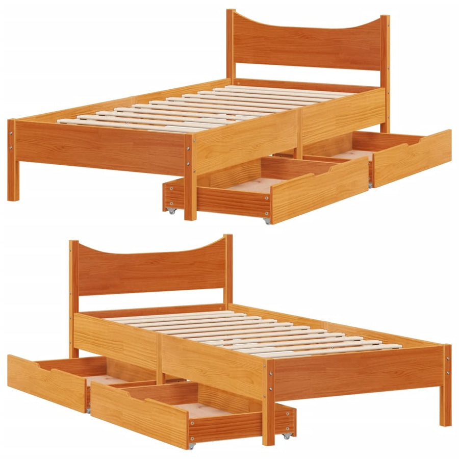 Bedframe met lades massief grenenhout wasbruin 100x200 cm