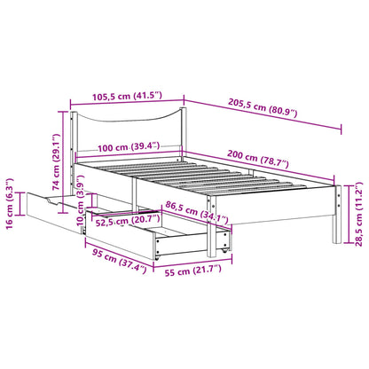 Bedframe met lades massief grenenhout wasbruin 100x200 cm