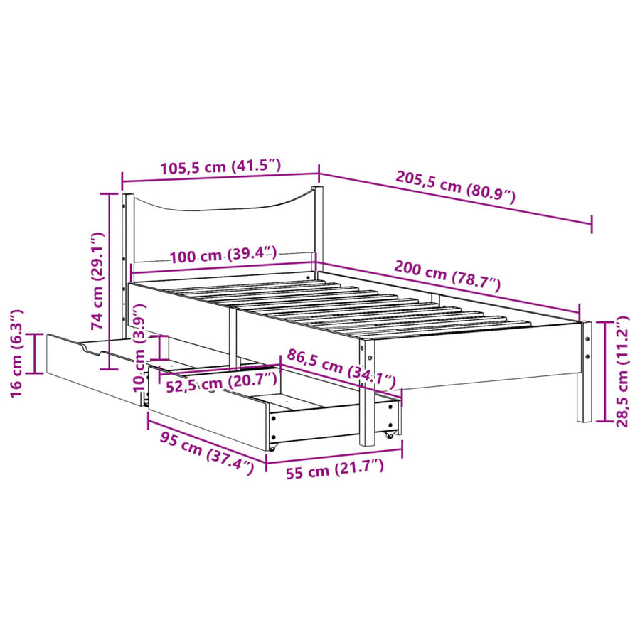 Bedframe met lades massief grenenhout wasbruin 100x200 cm
