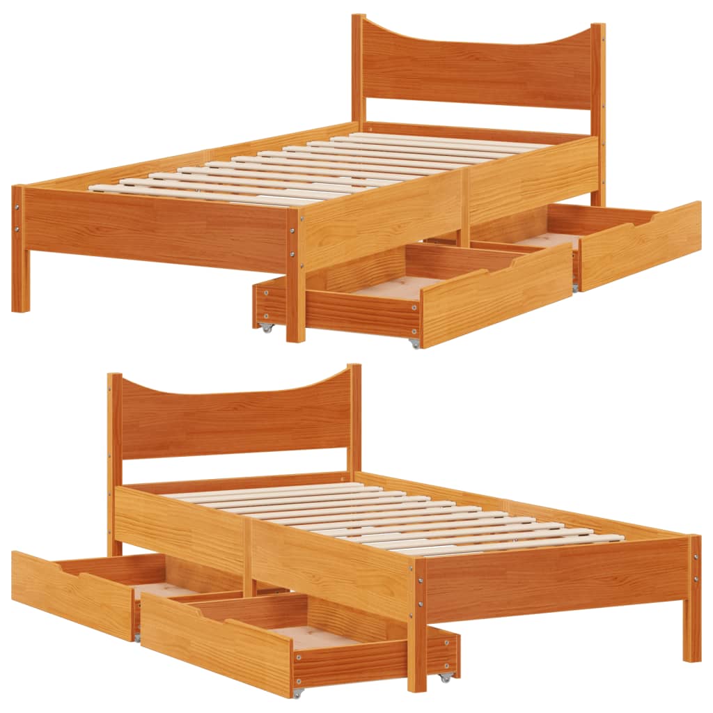 Bedframe met lades massief grenenhout wasbruin 90x200 cm