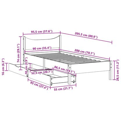 Bedframe met lades massief grenenhout wasbruin 90x200 cm